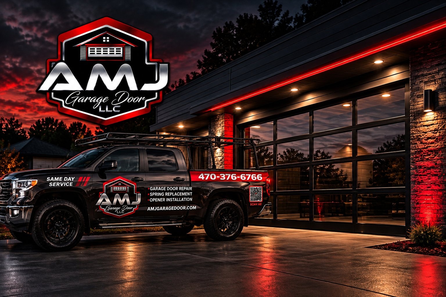 AMJ Garage Door service truck parked in front of residential garages